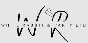 Logo is a black W and R on a grey background, with words ‘White Rabbit & Party Ltd.’ running through the centre. The R has squiggled Rabbit ears